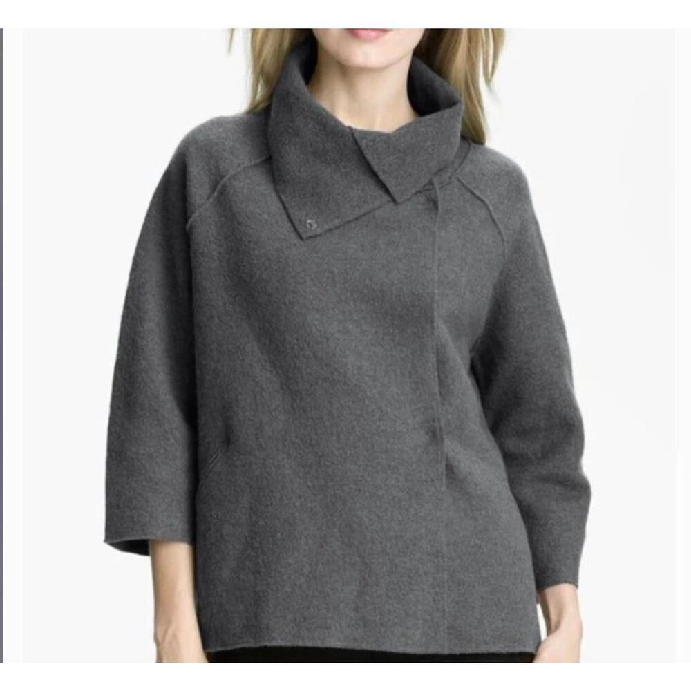 Eileen Fisher Gray Boiled Wool Snap Funnel Fold Down Neck Jacket Cardigan Medium